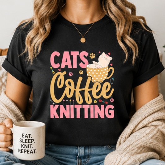 Cats, Coffee, Knitting Tee