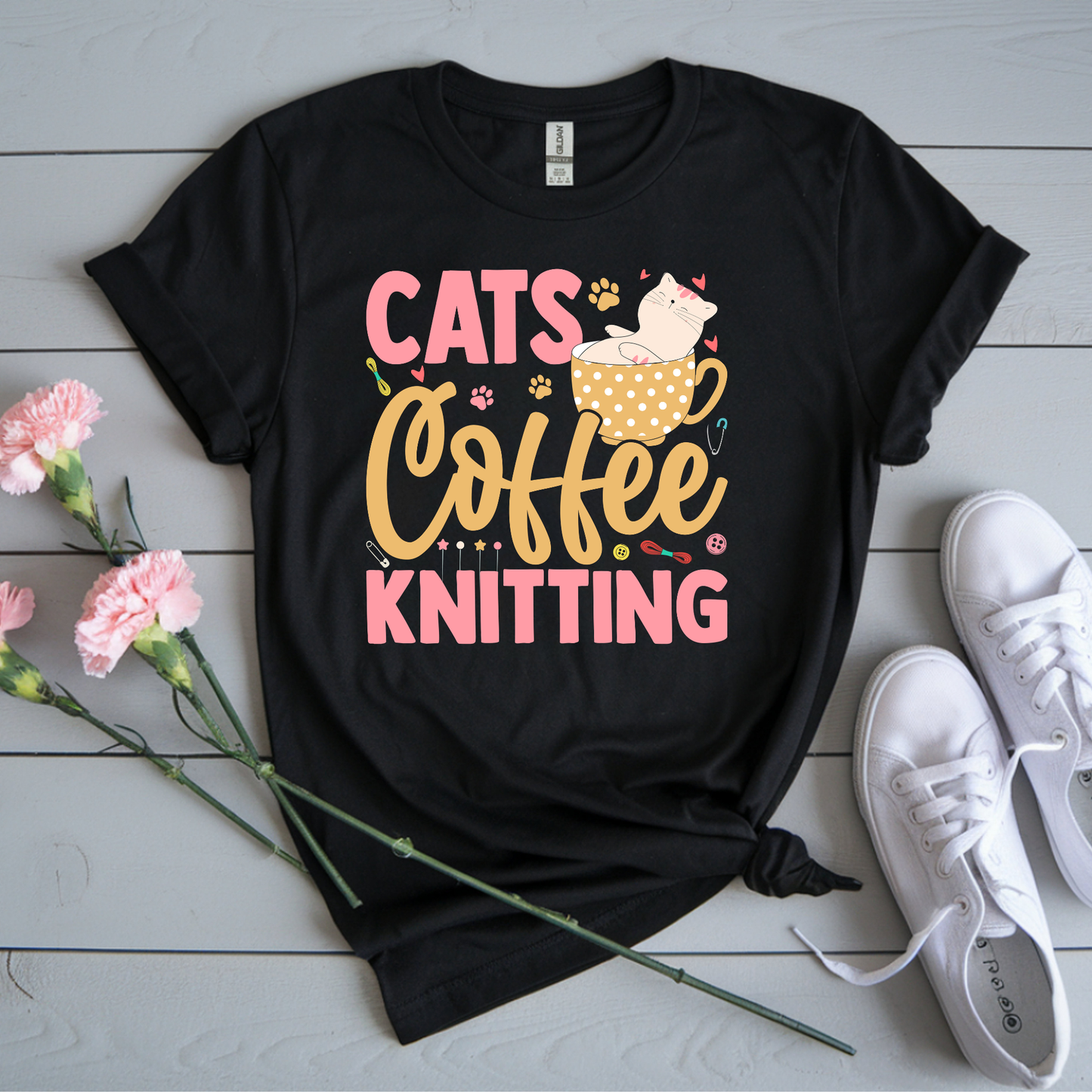 Cats, Coffee, Knitting Tee